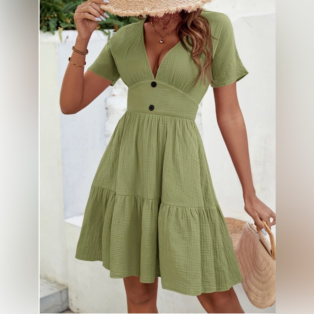 LAST ONE 🔥 Cotton Plunging Neck Ruffle Hem Dress*